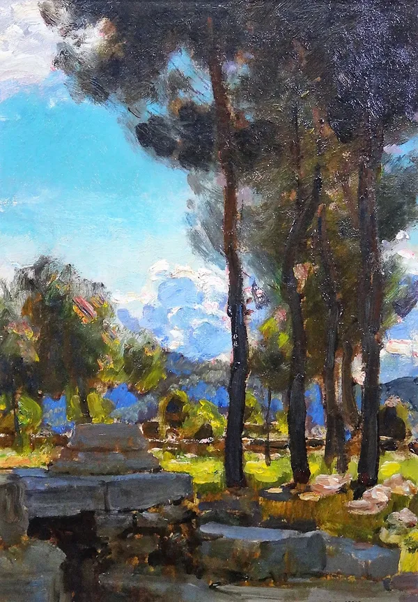 Harold Speed (1872-1957), Among the ruins at Olympia, oil on board, signed, inscribed on label verso, 42cm x 30cm.Provenance: With the Fine Art Societ