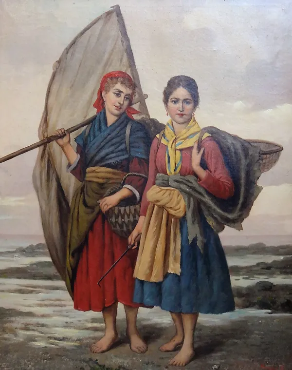 J. Mounier (19th century), Fishergirls on the shore, oil on canvas, signed, 66.5cm x 53cm.