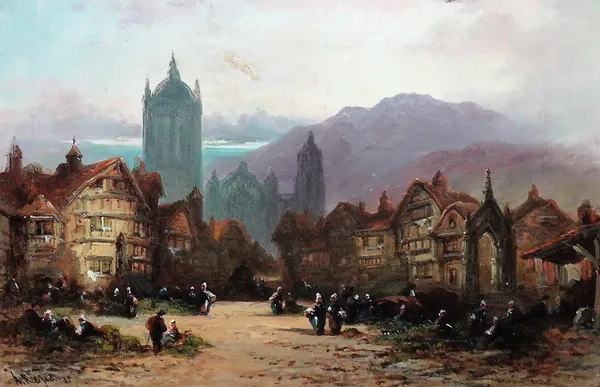 Felice Auguste Rezia (1866-1906), Continental town scene, oil on canvas, 29cm x 44cm.