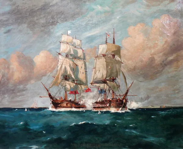 English School (19th/20th century), The Capture of the U.S.S. Chesapeake by H.M.S. Shannon, June 1st 1813, oil on canvas, indistinctly inscribed, 67cm