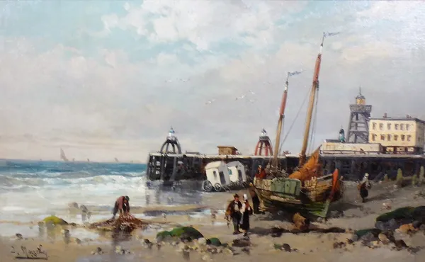 J. Mazzetta (19th century), Bathing machines at Biarritz, oil on canvas, signed, 38cm x 63cm.