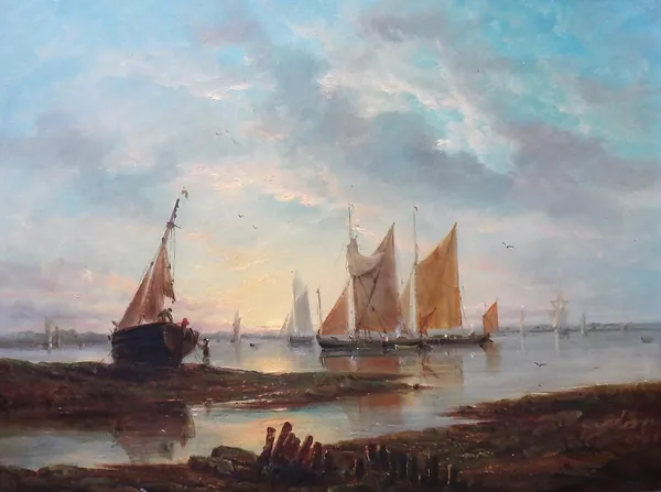 English School (19th century), Sunset estuary scene at low tide, oil on board, 30cm x 40cm.