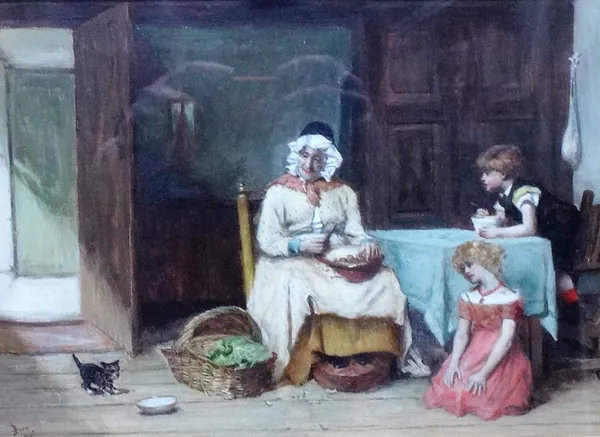 John Burr (1831-1893), Interior scene with family group and kitten, oil on canvas, signed ad dated '79, 22cm x 31cm.