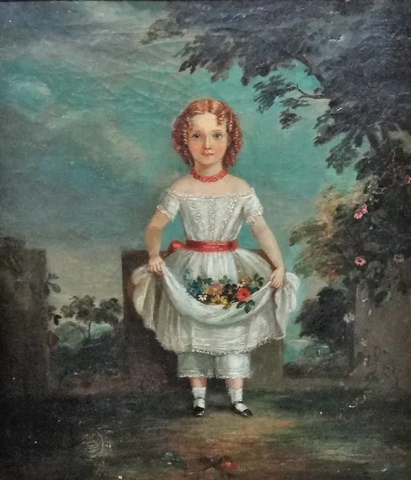 English Provincial School (19th century), Portrait of a girl in a landscape, holding flowers in her skirt, oil on canvas, 33cm x 28cm.