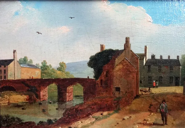 English School (19th century), Figures on a riverside path; Cottage by a lake, a pair, oil on panel, each 9cm x 13cm.(2)