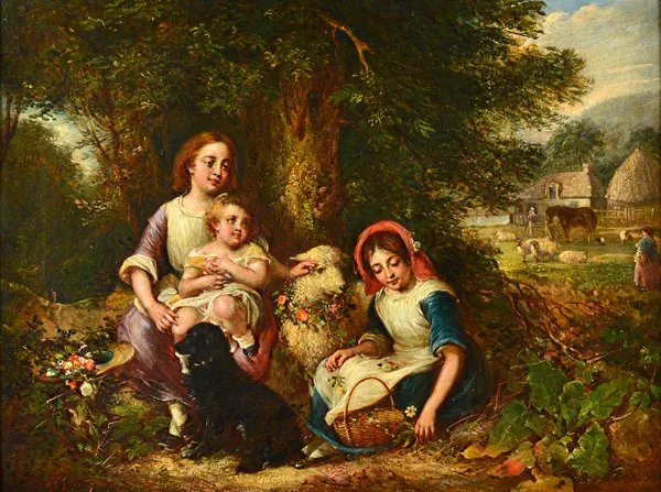 A** T** (19th century), Children with a sheep gathering flowers beneath a tree, oil on canvas, indistinctly signed and dated 1871, 47cm x 62.5cm.