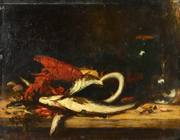 Attributed to Antoine Vollon (1833-1900), Still life of lobster, fish and shellfish, oil on canvas, bears a signature, unframed, 51cm x 64.5cm.