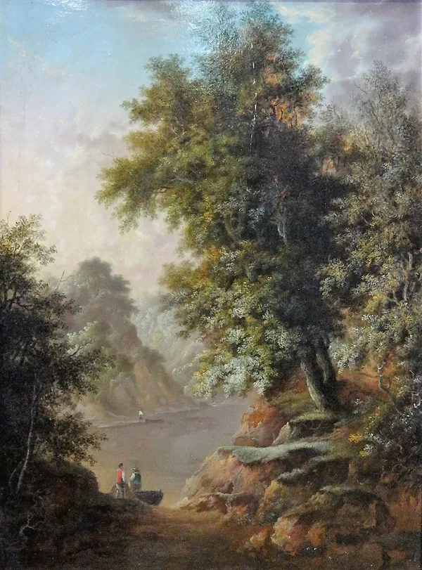 R. W. Brown (19th century), Figures by a river in a wooded clearing, a pair, oil on canvas, each 39cm x 29cm.