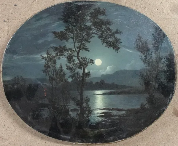 Attributed to Henry Pether (fl.1828-1865), Moonlit lake, oil on canvas, oval, 21cm x 25cm.