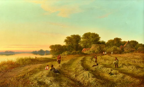 Walter Williams (1824-1905), Haymakers at sunset, oil on canvas, signed, 60cm x 105cm.