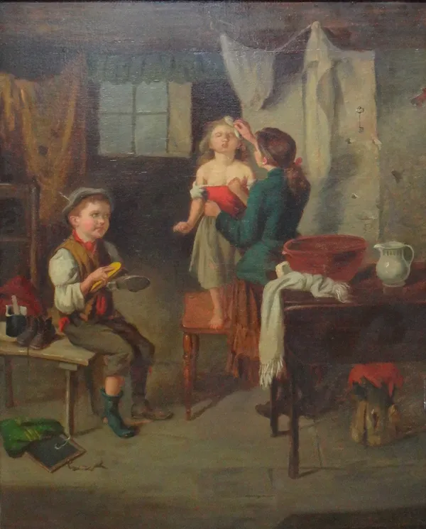 Follower of Erskine Nicol, Children in an interior, oil on canvas, bears a signature, 52cm x 41.5cm.