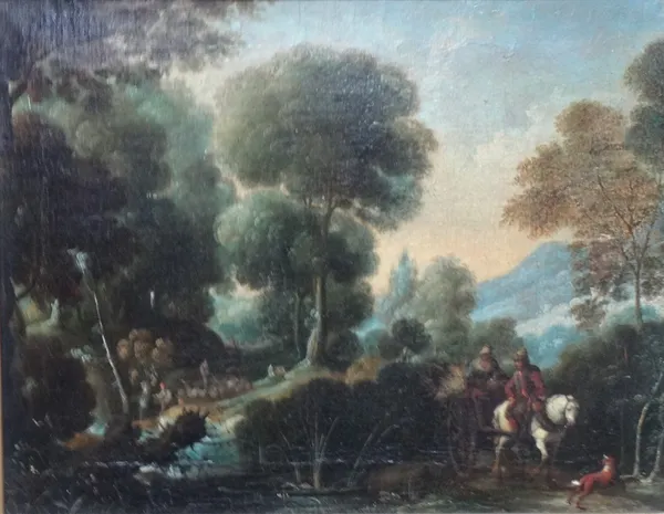 Follower of Pieter Bout, Figures on horseback in a wooded glade, oil on canvas, 28.5cm x 37cm.