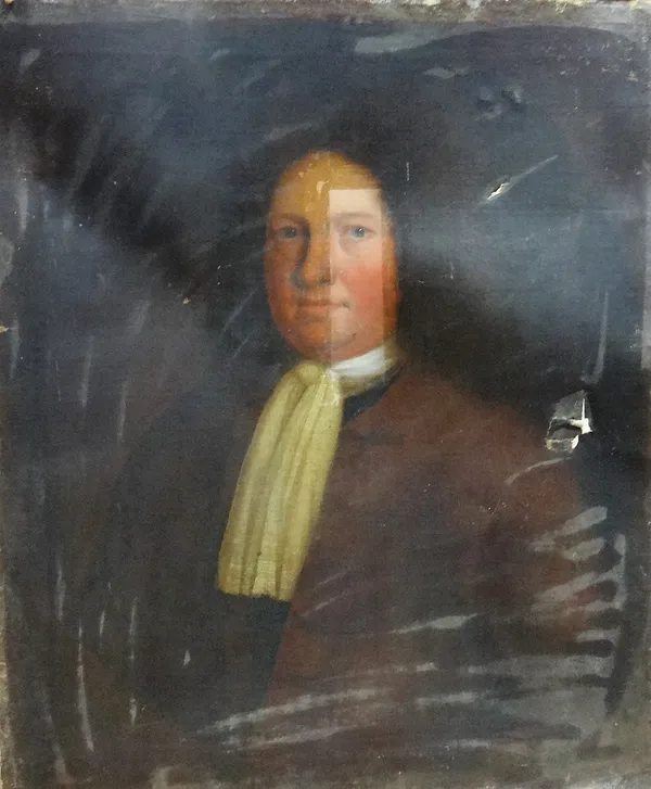 Circle of Thomas Hudson, Portrait of a gentleman, oil on canvas, 77cm x 64cm.; together with the sections of the original carved frame.