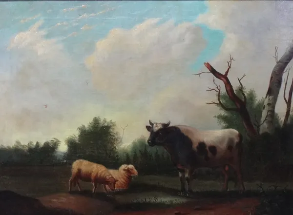 Continental School (19th century), Cow and sheep in a landscape, oil on canvas, 57cm x 77cm.