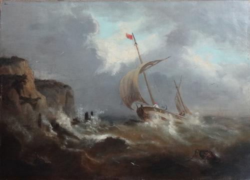 English School (19th century), A vessel in stormy waters off a rocky coastline, oil on canvas, unframed, 25.5cm x 35cm.