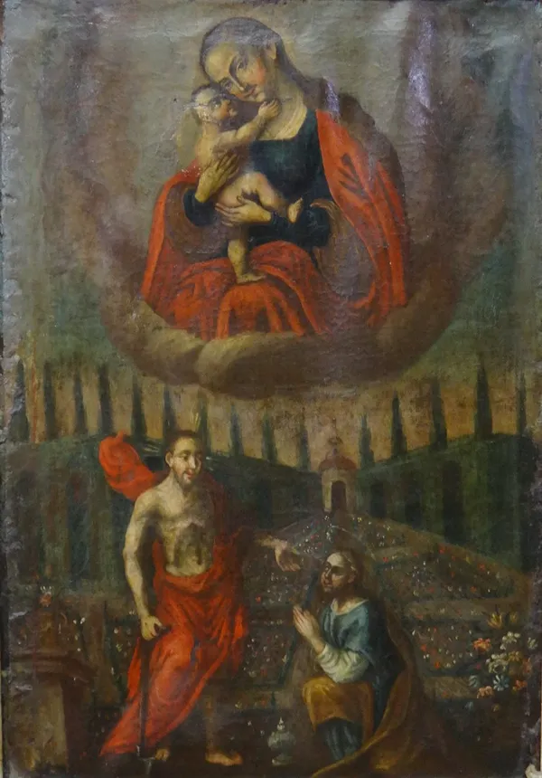 Spanish Colonial School (18th century), Religious scene with Madonna and child over saints in a garden, oil on leather, 59cm x 41cm.Footnote; The lowe