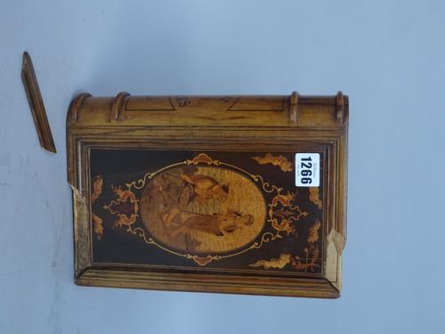 An Italian marquetry inlaid fruitwood cigar box, modelled as a Victorian leather bound book, the spine detailed 'HISTOIRE CIGARS 1863', with tambour r