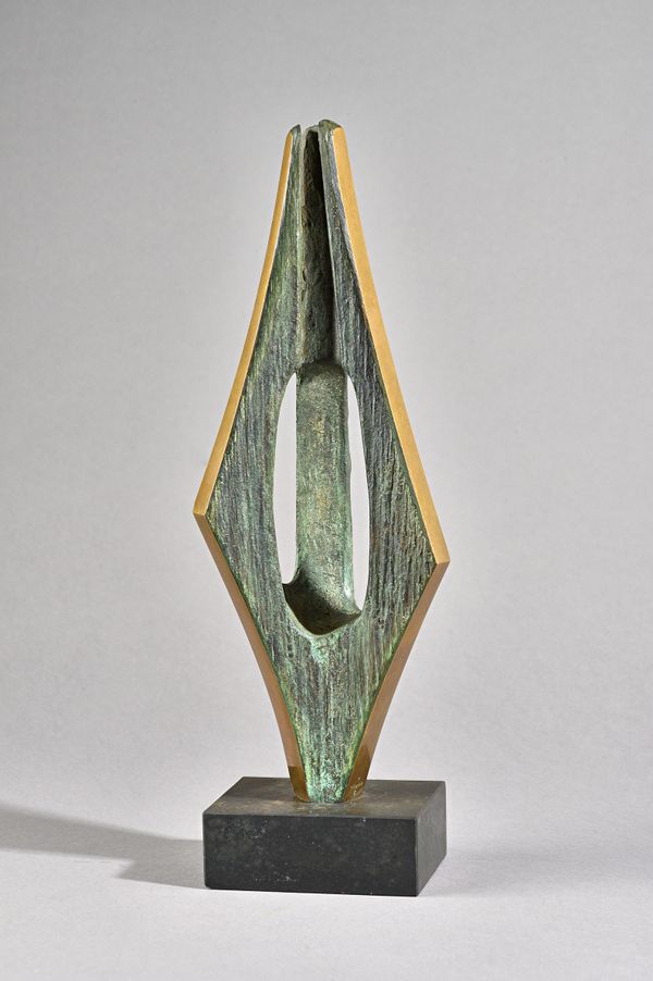 Denis Mitchell (1912-1993) 'Gwenap', Verdigris patinated bronze of abstract trident form, 1968, signed with initials and dated to the underside of the