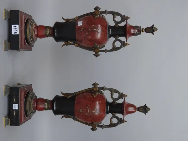 A pair of French rouge griotte marble vases circa 1870, converted to table lamps, (a.f), 50cm high. (2).