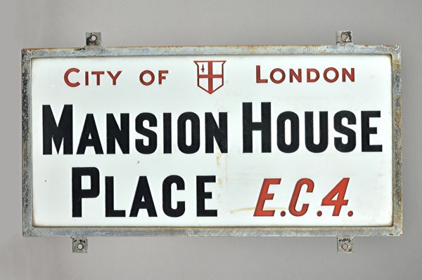 London Street Sign; Mansion House Place EC4, 76cm x 38m, with original Corporation of London authenticity certificate and reference number.