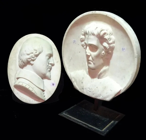 A Victorian relief carved oval plaque depicting Shakespeare, titled to the border, 46cm high; and a Victorian relief carved marble roundel of an unkno