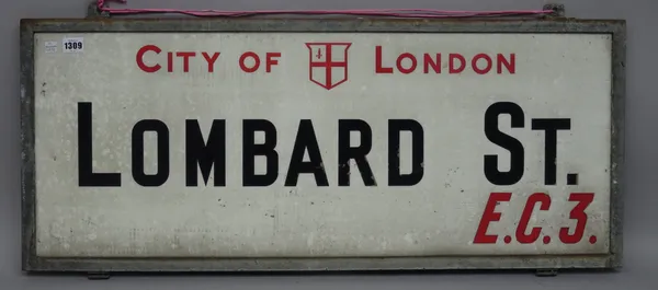 London Street Sign; Lombard St EC3, 91cm x 38cm, with original Corporation of London authenticity certificate and reference number.