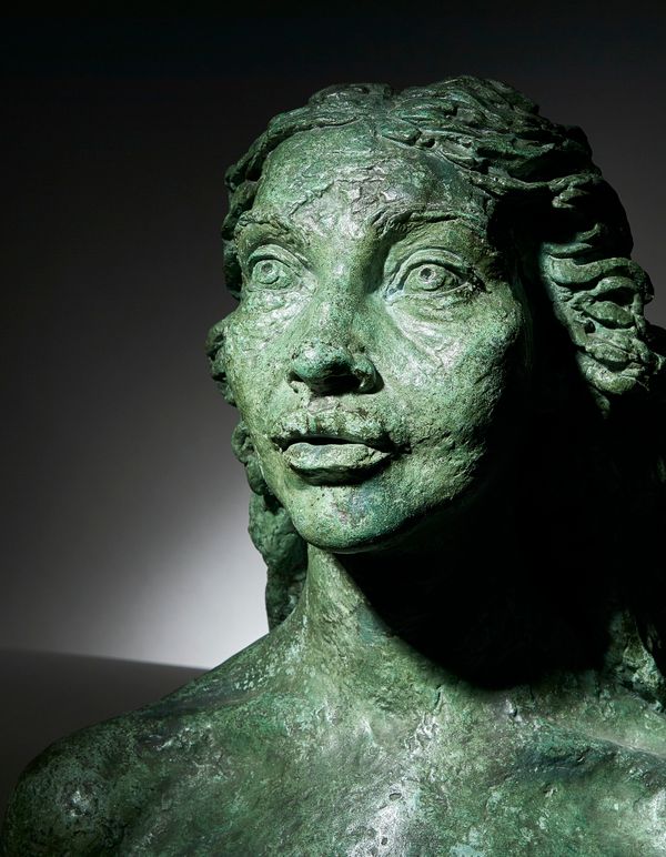 Jacob Epstein 1881-1959 first portrait of Kathleen, verdigris patinated bronze bust, C.1921, signed to the cast 'Epstein' 46cm high. DDSThe first of s