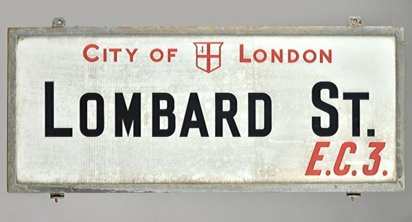 London Street Sign; Lombard St EC3, 91cm x 38cm, with original Corporation of London authenticity certificate and reference number.