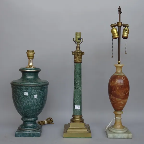 A Victorian style brass and green marble table lamp of corinthian column form, 48cm high, an alabaster table lamp of urn form, 40cm high and a tole pe