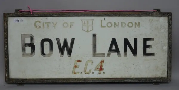 London Street Sign; Bow Lane EC4, 91cm, x 38cm, with original Corporation of London authenticity certificate and reference number.