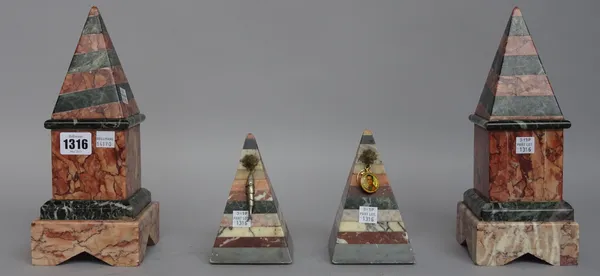 A pair of marble obelisks, rouge griotte with green vein spiral twist decoration, 26cm and two small triangular obelisks made from layered specimen ma