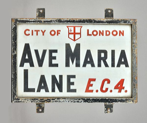 London Street Sign; Ave Maria Lane EC4, 45cm x 30cm, with original Corporation of London authenticity certificate and reference number.