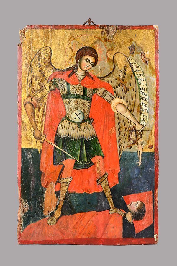 A Russian Icon, possibly 18th century, 'The last judgment', depicting The Archangel Michael trampling the devil underfoot and holding Ezdras and a set