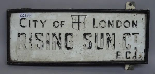 Two London Street Signs; both Rising Sun Court EC1, 62cm x 24cm,  (a.f.). (2)