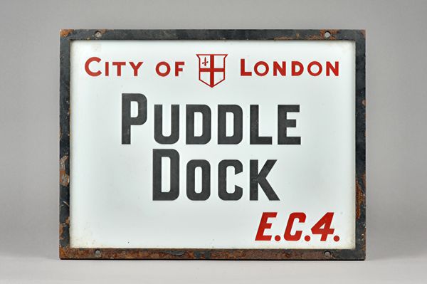 London Street Sign; Puddle Dock EC4, 60cm x 45cm, with original Corporation of London authenticity certificate and reference number.