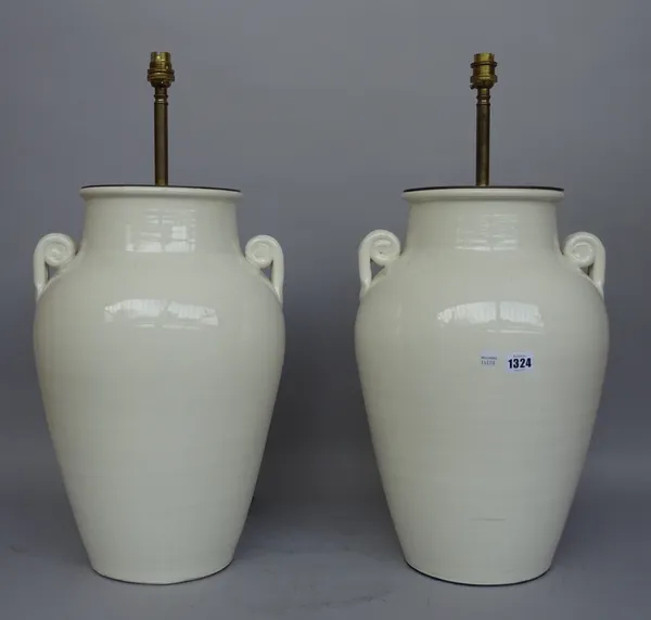 A pair of modern pottery table lamps, each white glaze of two handled Grecian urn form, 45cm high, (2).