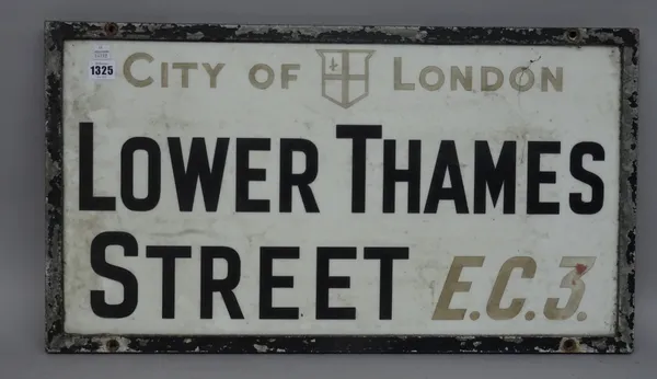 London Street Sign; Lower Thames St, 68cm x 38cm, with original Corporation of London authenticity certificate and reference number.