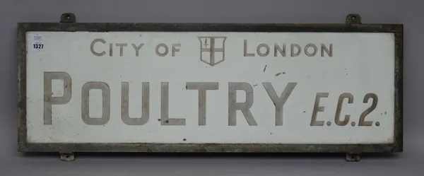 London Street Sign; Poultry EC2, 90cm x 30cm, with original Corporation of London authenticity certificate and reference number.