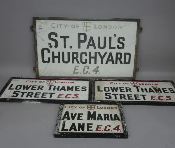 London Street Signs (damaged), St Pauls Churchyard EC4, 76cm x 45cm, Two Lower Thames St EC3, 60cm x 30cm and Ave Maria Lane EC4, 38cm x 30cm, with or