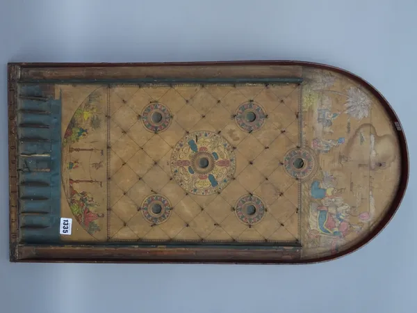 A late 19th century Bagatelle board, polychrome printed with Asian figures against a landscape, (a.f.), 73cm high.