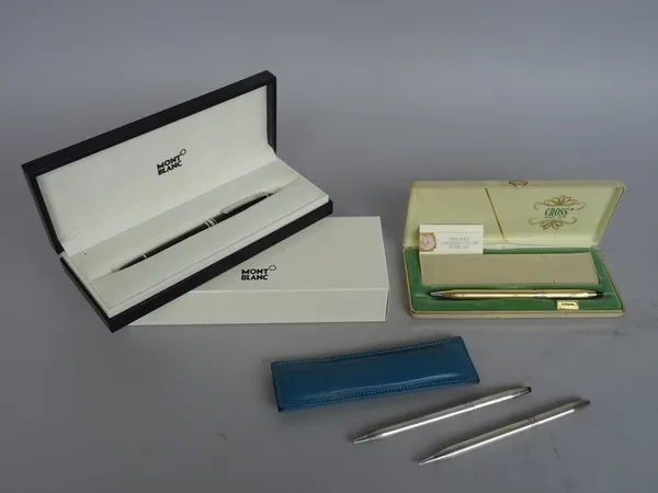 A Montblanc Meisterstuck ball point pen, cased, a Cross sterling silver ball point pen and pencil set and a Cross gold plated ballpoint pen. (4)