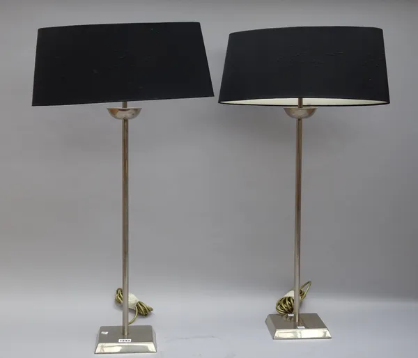 A pair of Porta Romana nickel finish table lamps with oval silk shades, 81cm high overall. (2)