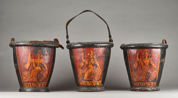 Three Country Assurance leather fire buckets, early 19th century, with gilt red painted Britannia type figure, shield and lion, (a.f.), 28cm high, (3)