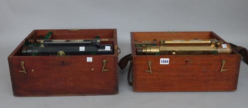 W.F. Stanley & Co Ltd, a brass Theodolite, early/mid-20th century, No. 28148, cased, 35cm, and other ebonised Stanley Theodolites by E.R. Watts & Son,