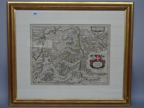 A map by W. BLAUE:  Sabavdia Ducatus. Savoye.  38cm x 50cm within mount, hand-coloured, armorial cartouche title, Amsterdam, (ca. 1635), framed and gl