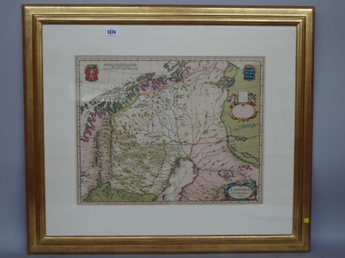 A map by Andrea Bureo SUECO:  Lapponia.  42cm x 53cm within mount, hand-coloured, pictorial cartouche title and armorial shields. ca. 1640, framed and