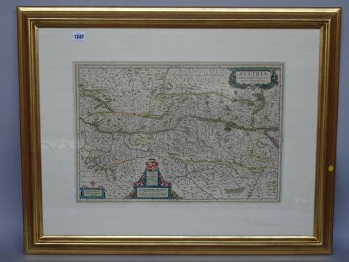A map by W. BLAEU:  Austria Archiducatus, auctore Wolfgango Lazio.  37cm x 54cm within mount, hand-coloured, decorative cartouche title, engraved key