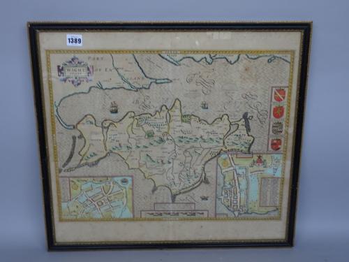 A map by John SPEED:  Wight Island, 38cm x 50cm, hand-coloured, inset plans of Newport and Southampton, decorated cartouche title, English text on ver