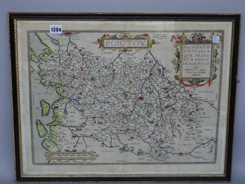 A map by Abraham ORTELIUS:  Poictou: Pictonum Vicinarum Que Regionum Fidiss Descriptio  . . .  42cm x 55cm, hand-coloured, pictorial cartouche titles,