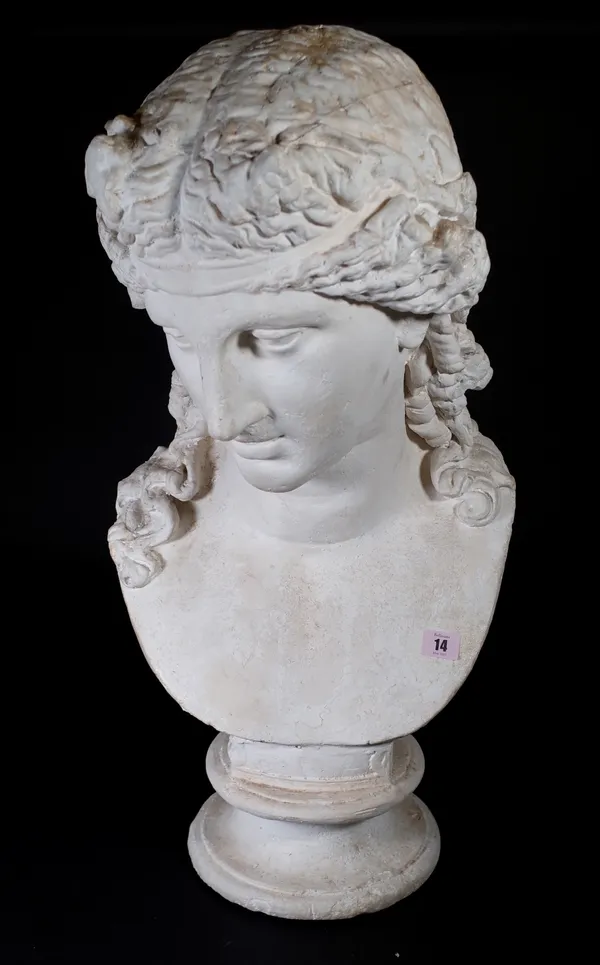 After the Antique; a modern plaster bust of a woman, 70cm high. Provenance; property from the late Sir David TangThis lot has been imported from outsi